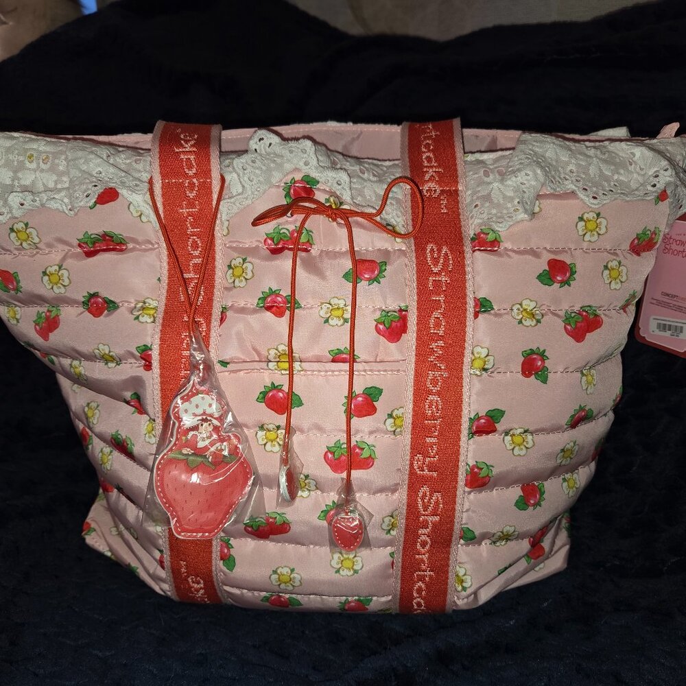 Strawberry Shortcake Berry Allover Print Tote Bag Scalloped Lace Trim